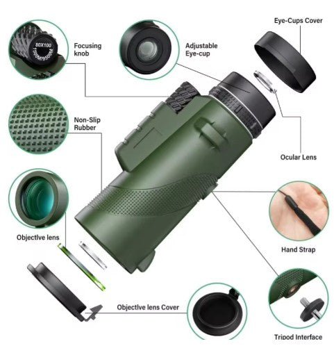 80×100 HD Monokulär Kikare – Night Vision, Stativ & Mobilhållare