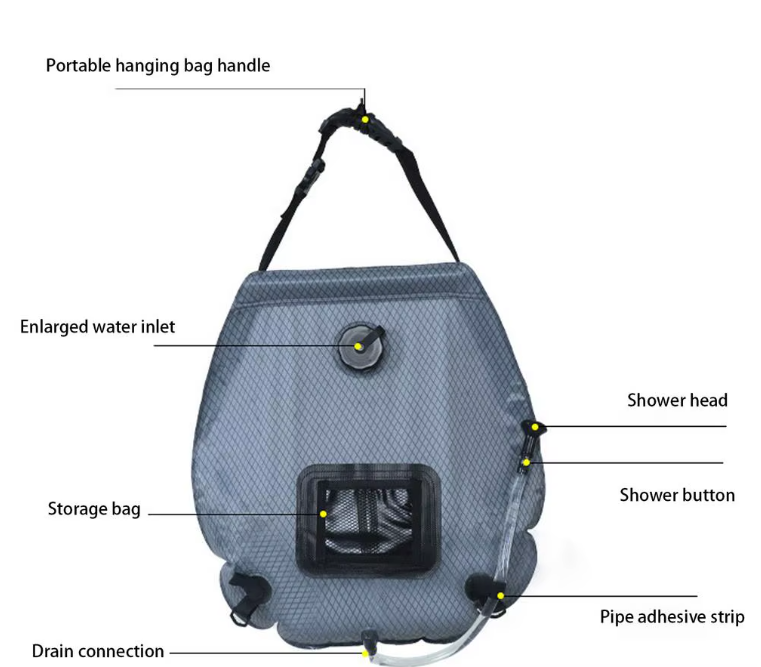 Soluppvärmd Campingdusch 20L – Premium med Termometer & Läckageskydd