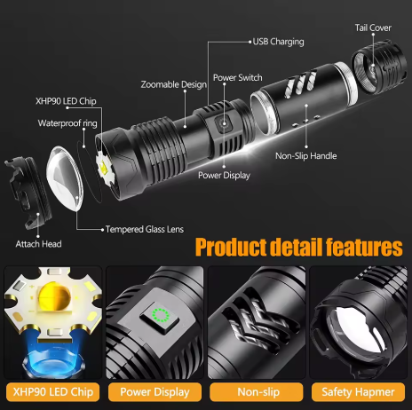 Ficklampa 12000 lm – Taktisk LED-ficklampa (60 W, uppladdningsbar)