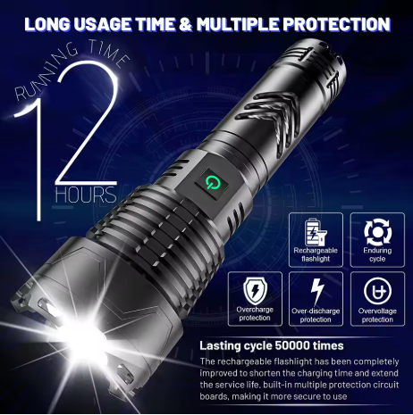 Ficklampa 12000 lm – Taktisk LED-ficklampa (60 W, uppladdningsbar)