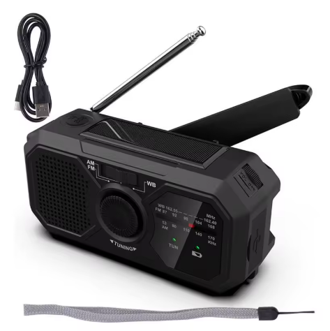 Handvevad & Solcellsdriven Nödradio – FM-Radio, Powerbank & LED-Lampa
