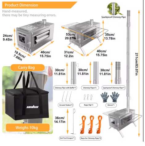 Portabel Kamin för Tält & Camping – Rostfritt Stål med 7 Skorstenrör