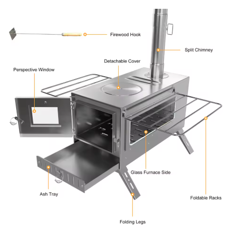 Portabel Kamin för Tält & Camping – Rostfritt Stål med 7 Skorstenrör