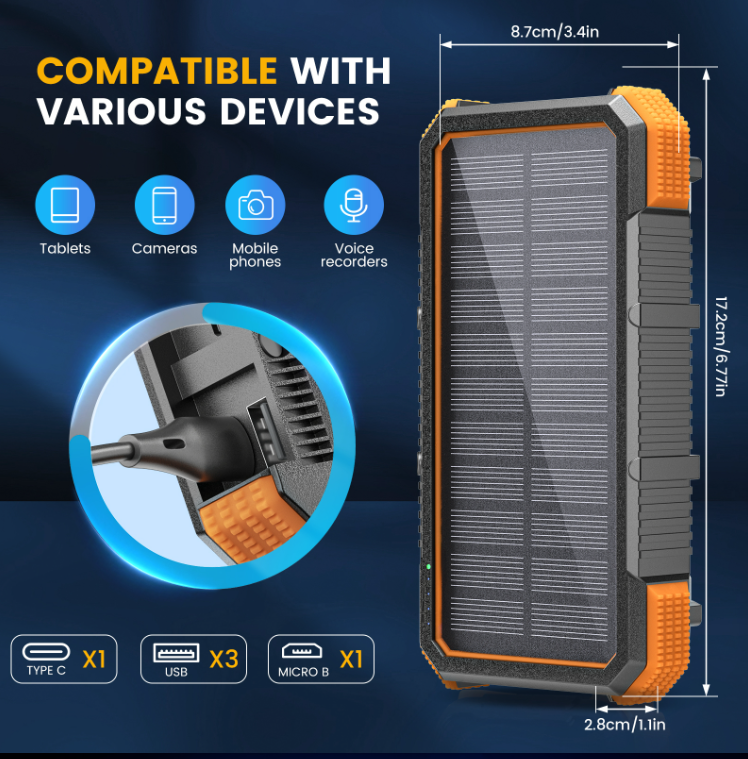 Solar Powerbank 32 000 mAh – Snabbladdning, Trådlös Laddning & 36-LED Nödlampa