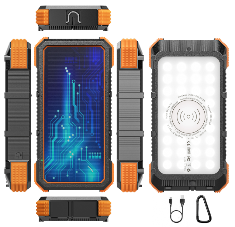 Solar Powerbank 32 000 mAh – Snabbladdning, Trådlös Laddning & 36-LED Nödlampa
