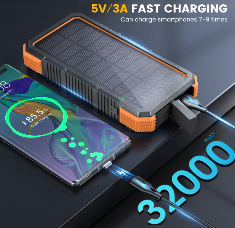 Solar Powerbank 32 000 mAh – Snabbladdning, Trådlös Laddning & 36-LED Nödlampa
