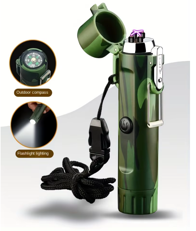 USB Plasma Tändare med Ficklampa & Kompass – Perfekt för Camping & Äventyr