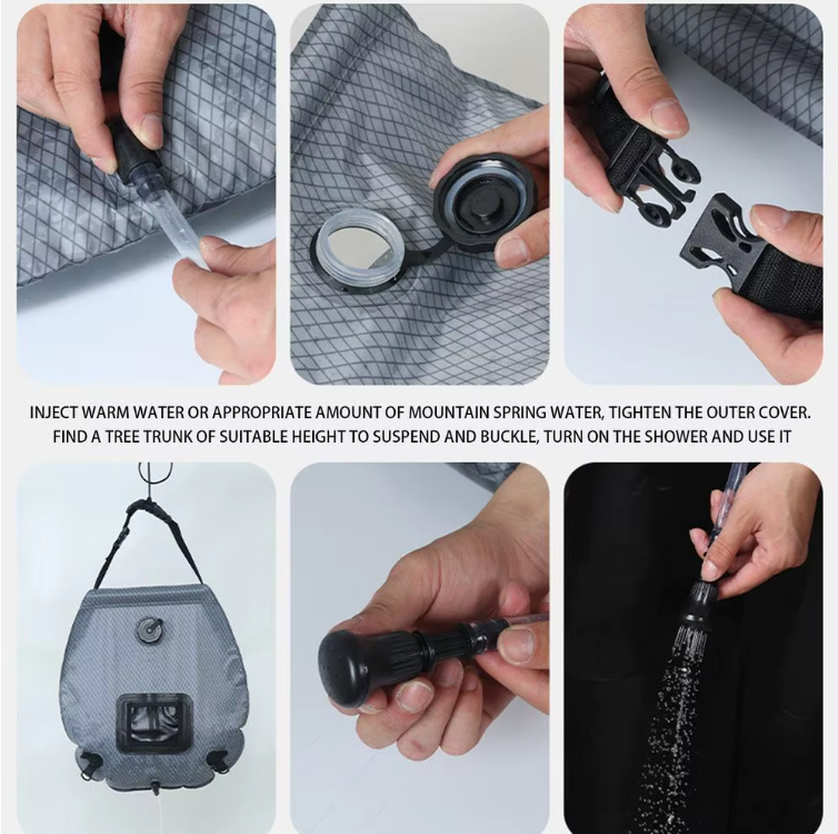 Soluppvärmd Campingdusch 20L – Premium med Termometer & Läckageskydd