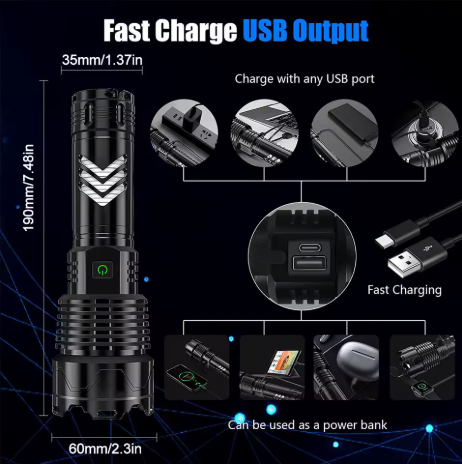 Ficklampa 12000 lm – Taktisk LED-ficklampa (60 W, uppladdningsbar)