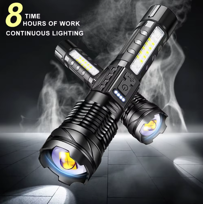 Zoombar LED-ficklampa 30W – 7 lägen & sidoljus (uppladdningsbar)