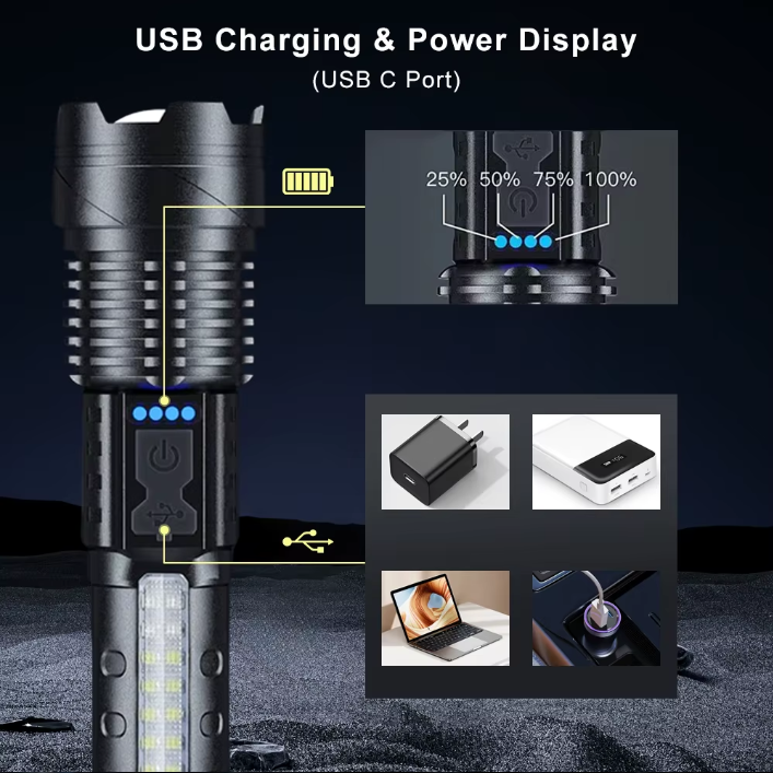 Zoombar LED-ficklampa 30W – 7 lägen & sidoljus (uppladdningsbar)