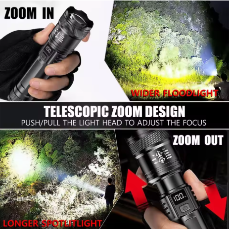 Kraftfull LED-ficklampa – USB-uppladdningsbar med zoom & batteriindikator