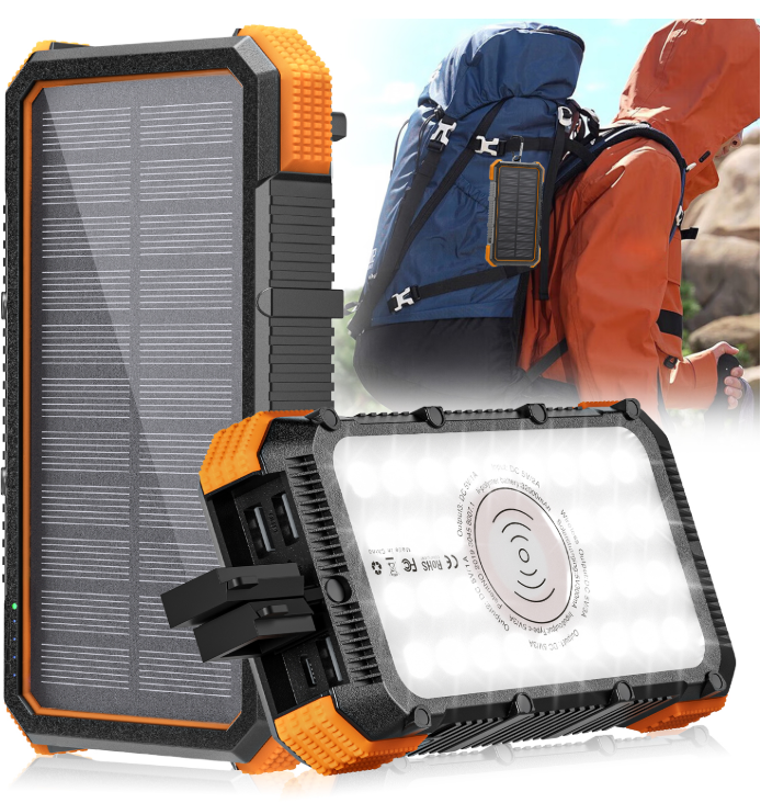 Solar Powerbank 32 000 mAh – Snabbladdning, Trådlös Laddning & 36-LED Nödlampa