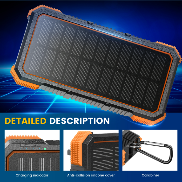 Solar Powerbank 32 000 mAh – Snabbladdning, Trådlös Laddning & 36-LED Nödlampa