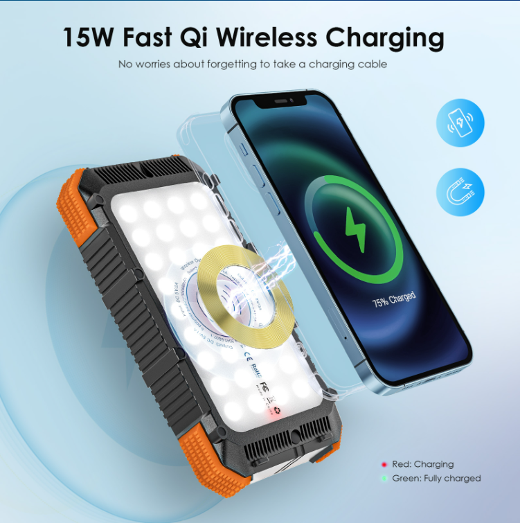 Solar Powerbank 32 000 mAh – Snabbladdning, Trådlös Laddning & 36-LED Nödlampa