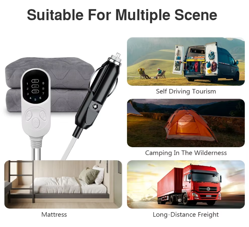 Elektrisk 12V Värmefilt för Bil & Camping – Extra Tjock, Termostat, 9/4 Lägen – Perfekt för RV, SUV & Vinterresor