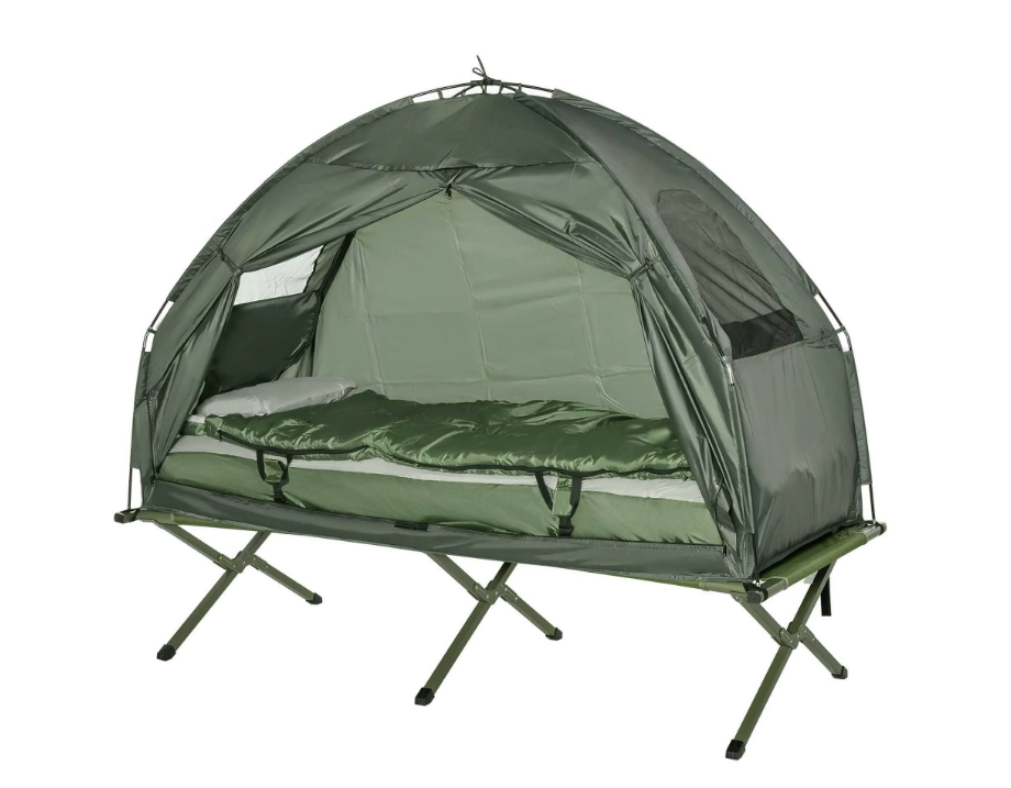 4-i-1 Campingset med Tält, Fältsäng, Madrass & Sovsäck – Komplett Kit för Soloäventyr