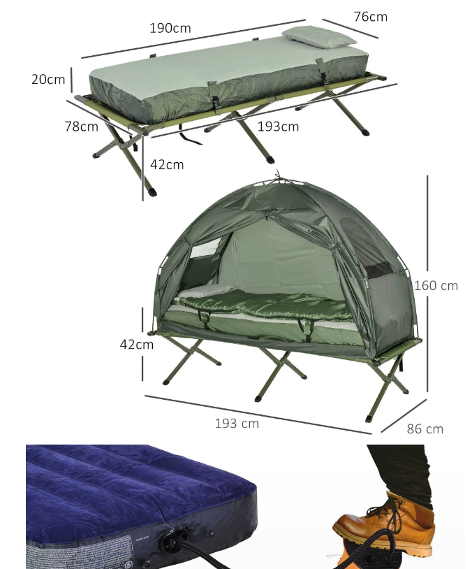 4-i-1 Campingset med Tält, Fältsäng, Madrass & Sovsäck – Komplett Kit för Soloäventyr