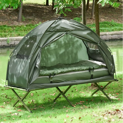 4-i-1 Campingset med Tält, Fältsäng, Madrass & Sovsäck