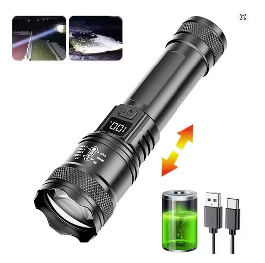 Kraftfull LED-ficklampa med zoom & batteriindikator